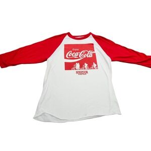 Coca-Cola Stranger Things Netflix Mens Raglan Baseball Tee White Red 3/4 Sleeve